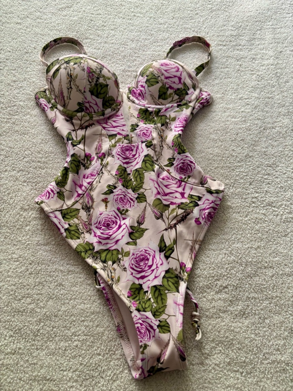 Floral Pink Rose One-Piece Swimsuit with Cutouts - Picture 10 of 12